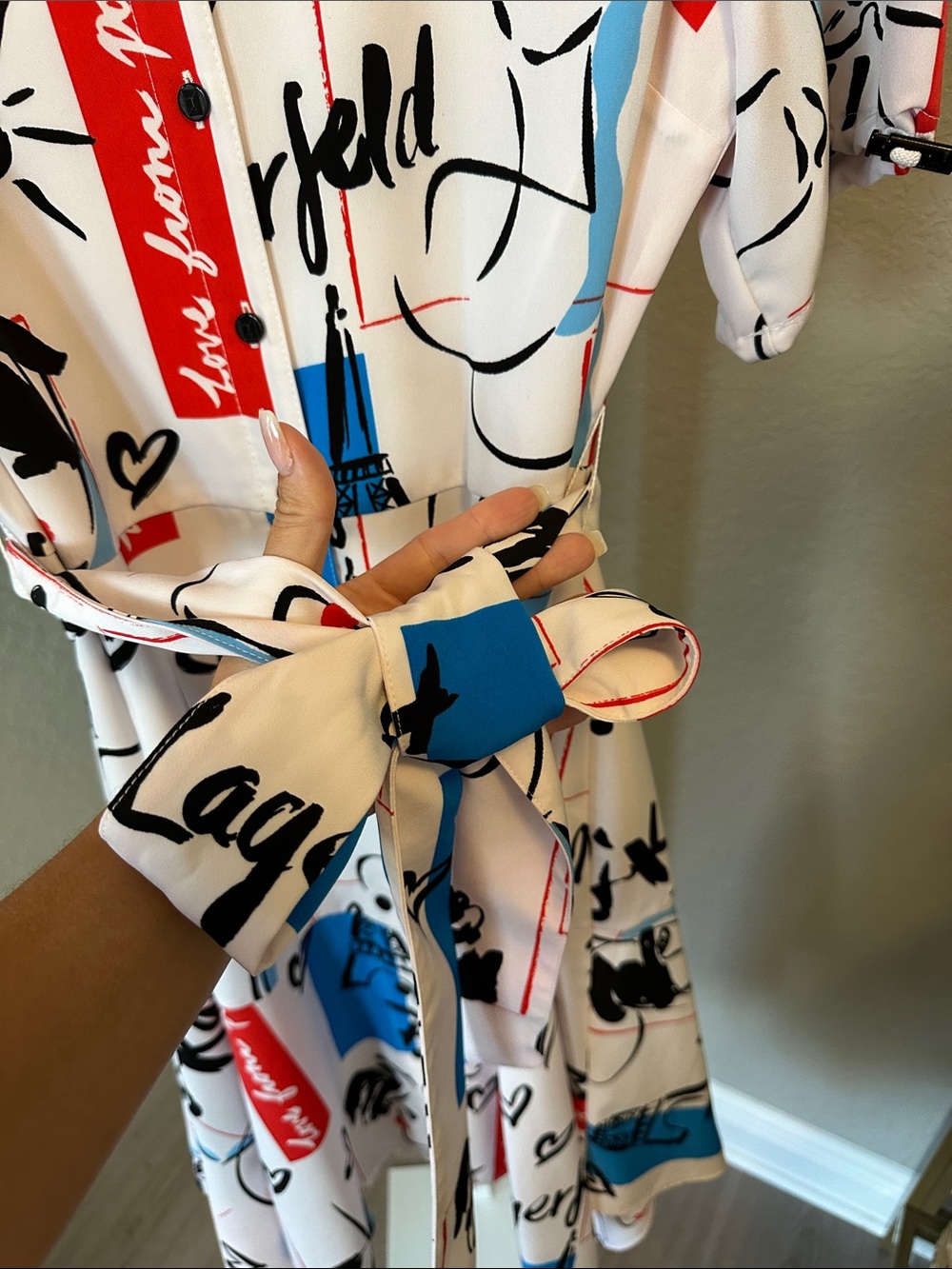 Karl Lagerfeld Paris abstract print shirt dress with handkerchief hem midi dress - Picture 6 of 6